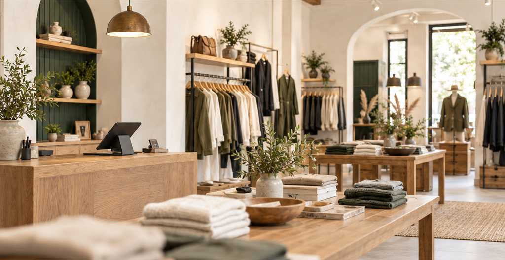 A thoughtfully arranged boutique with clothing, shelving, and a retail checkout